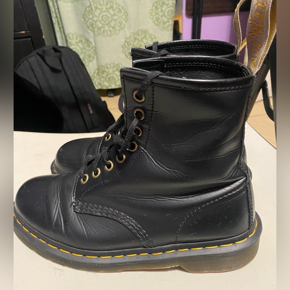 Dr. Martens Black Leather Lace-Up Boots with Yellow Stitching - Picture 5 of 9